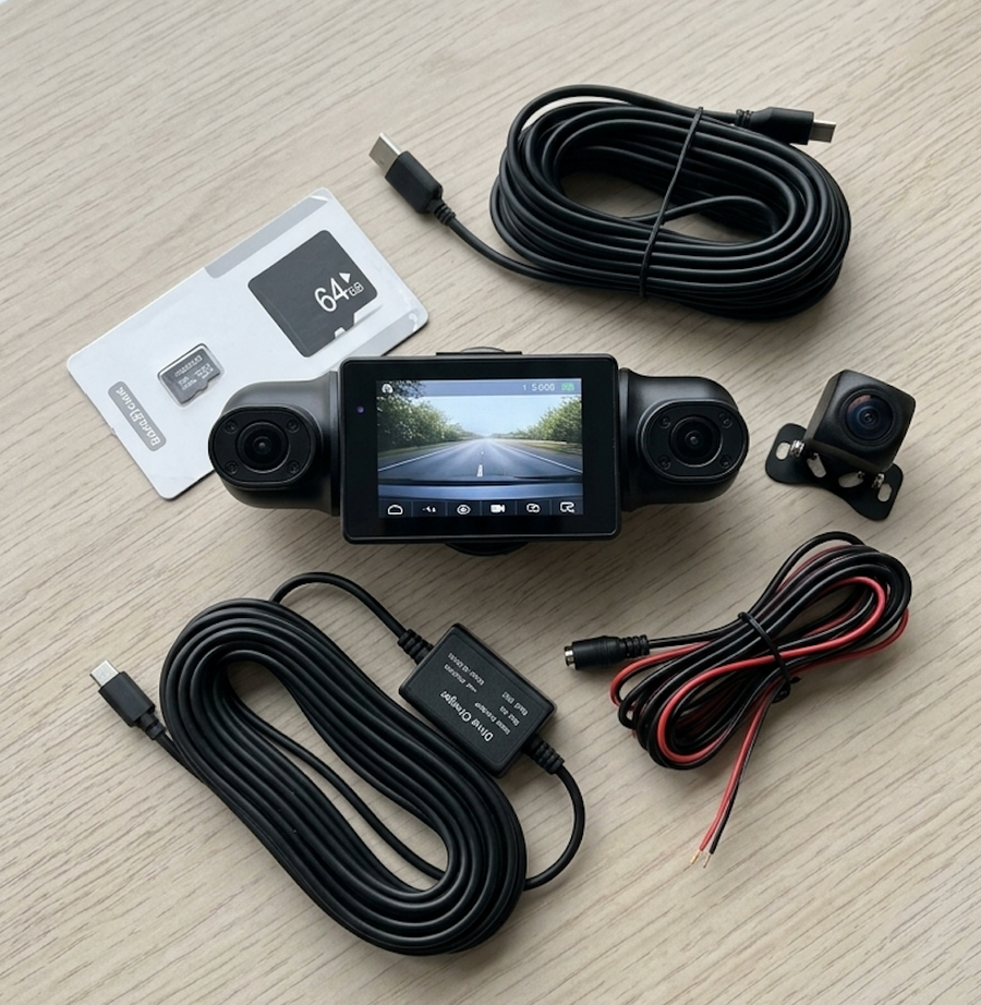 Backed Drive 4 angle dashboard camera with Free Gift accessories on a light wooden surface